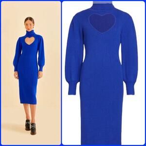 Farm Rio Bright Blue Ribbed Knit Heart Cutout Turtleneck Sweater Midi Dress NEW